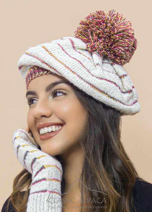 Brushed Striped Beret Alpaca Hat
